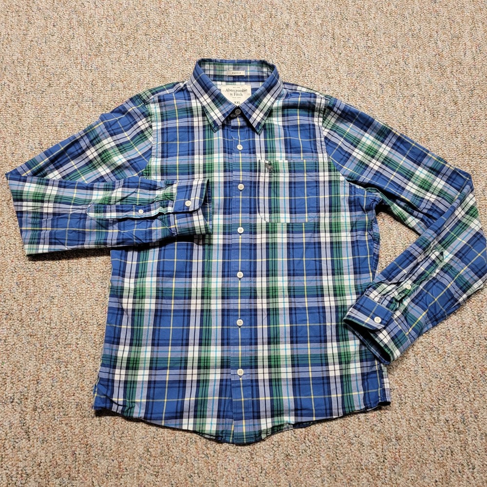 Abercrombie & Fitch Shirt Mens 2XL Blue Plaid Muscle Fit Long Sleeve Button Up